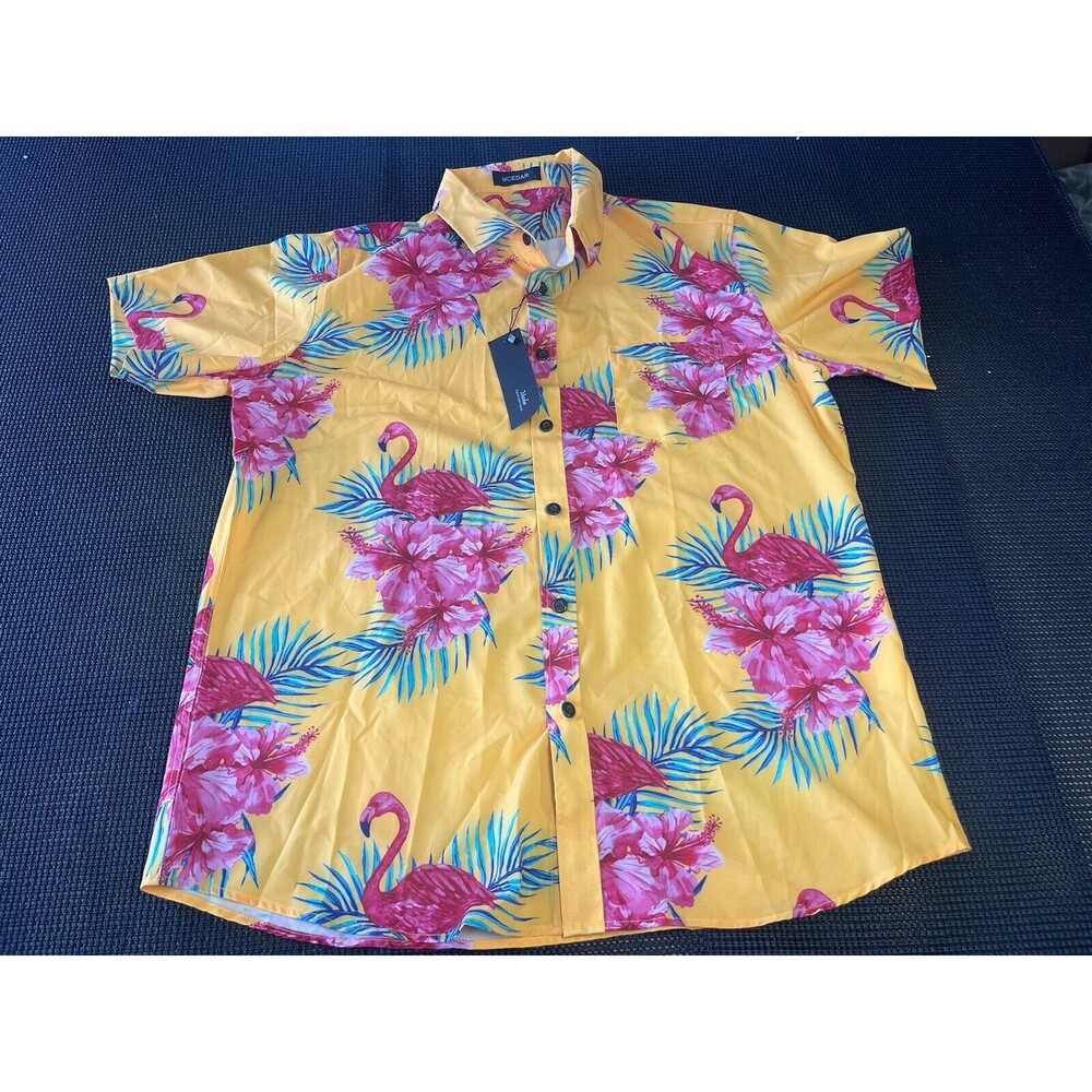 Mcedar Men's Button‎ Down Shirt Large Flamingo Patterns Short Sleeve